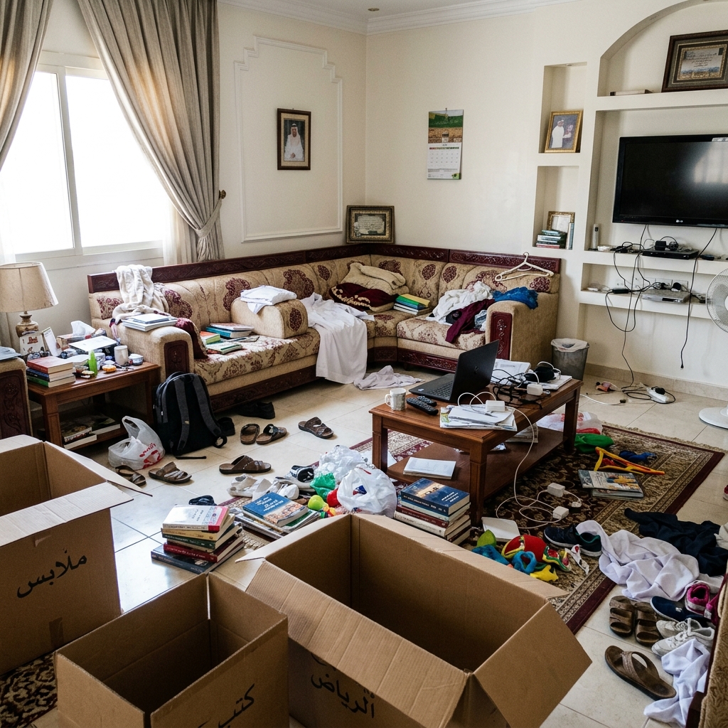 أثاث المنزل مبعثر وغير مغلف قبل الترتيب